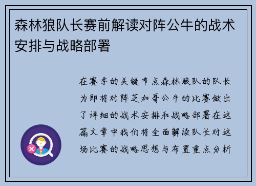 森林狼队长赛前解读对阵公牛的战术安排与战略部署