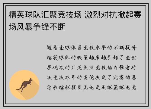 精英球队汇聚竞技场 激烈对抗掀起赛场风暴争锋不断