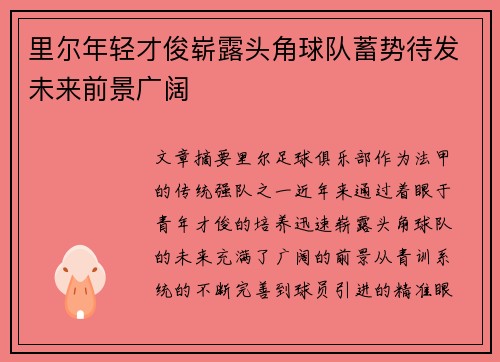 里尔年轻才俊崭露头角球队蓄势待发未来前景广阔