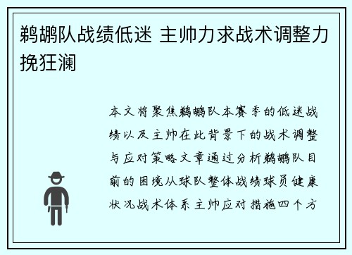 鹈鹕队战绩低迷 主帅力求战术调整力挽狂澜