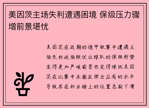 美因茨主场失利遭遇困境 保级压力骤增前景堪忧