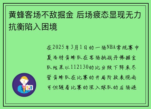 黄蜂客场不敌掘金 后场疲态显现无力抗衡陷入困境
