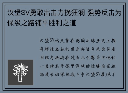 汉堡SV勇敢出击力挽狂澜 强势反击为保级之路铺平胜利之道