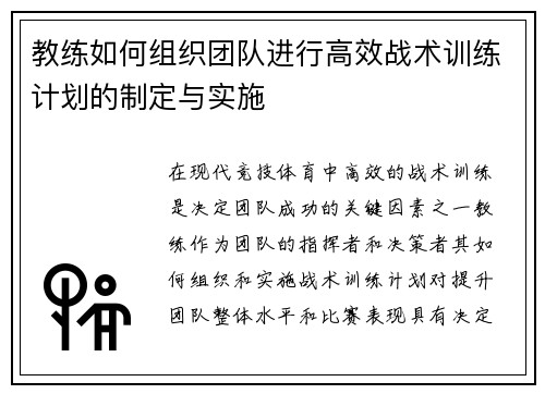 教练如何组织团队进行高效战术训练计划的制定与实施