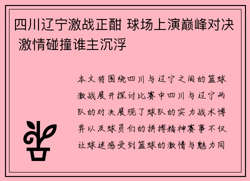四川辽宁激战正酣 球场上演巅峰对决 激情碰撞谁主沉浮