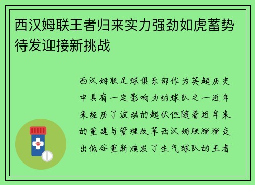 西汉姆联王者归来实力强劲如虎蓄势待发迎接新挑战