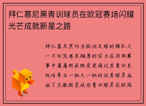 拜仁慕尼黑青训球员在欧冠赛场闪耀光芒成就新星之路
