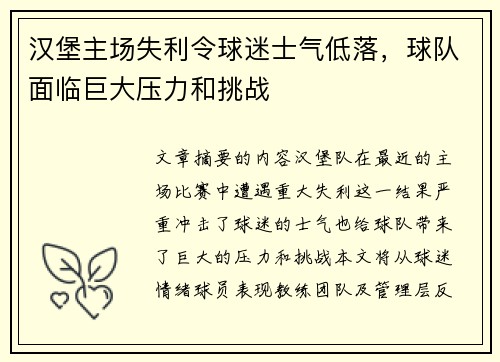汉堡主场失利令球迷士气低落，球队面临巨大压力和挑战